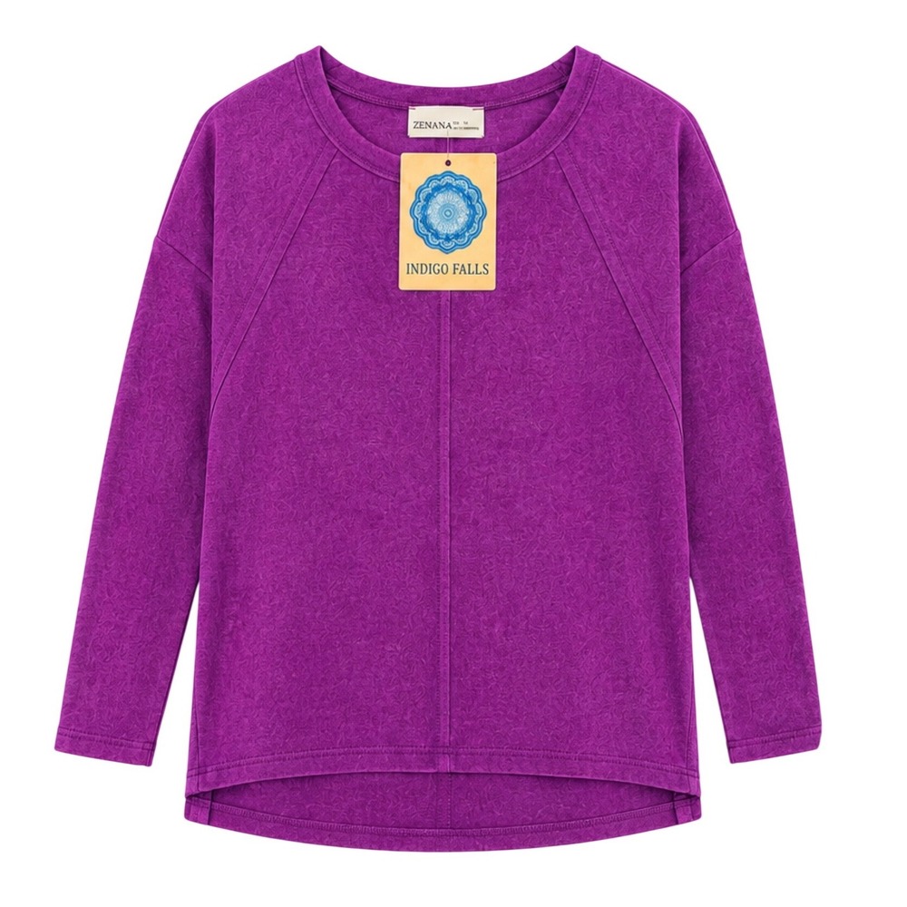 Zenana Indigo Falls Purple Exposed Seam High Low Long Sleeve Top S/M NEW